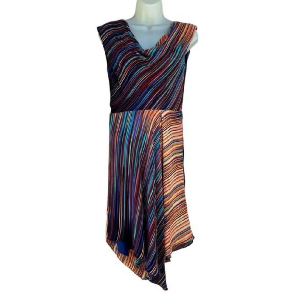 VINTAGE BCBG Max Azria Silk Dress Asymmetrical Color Striped Drape-90’s vibes